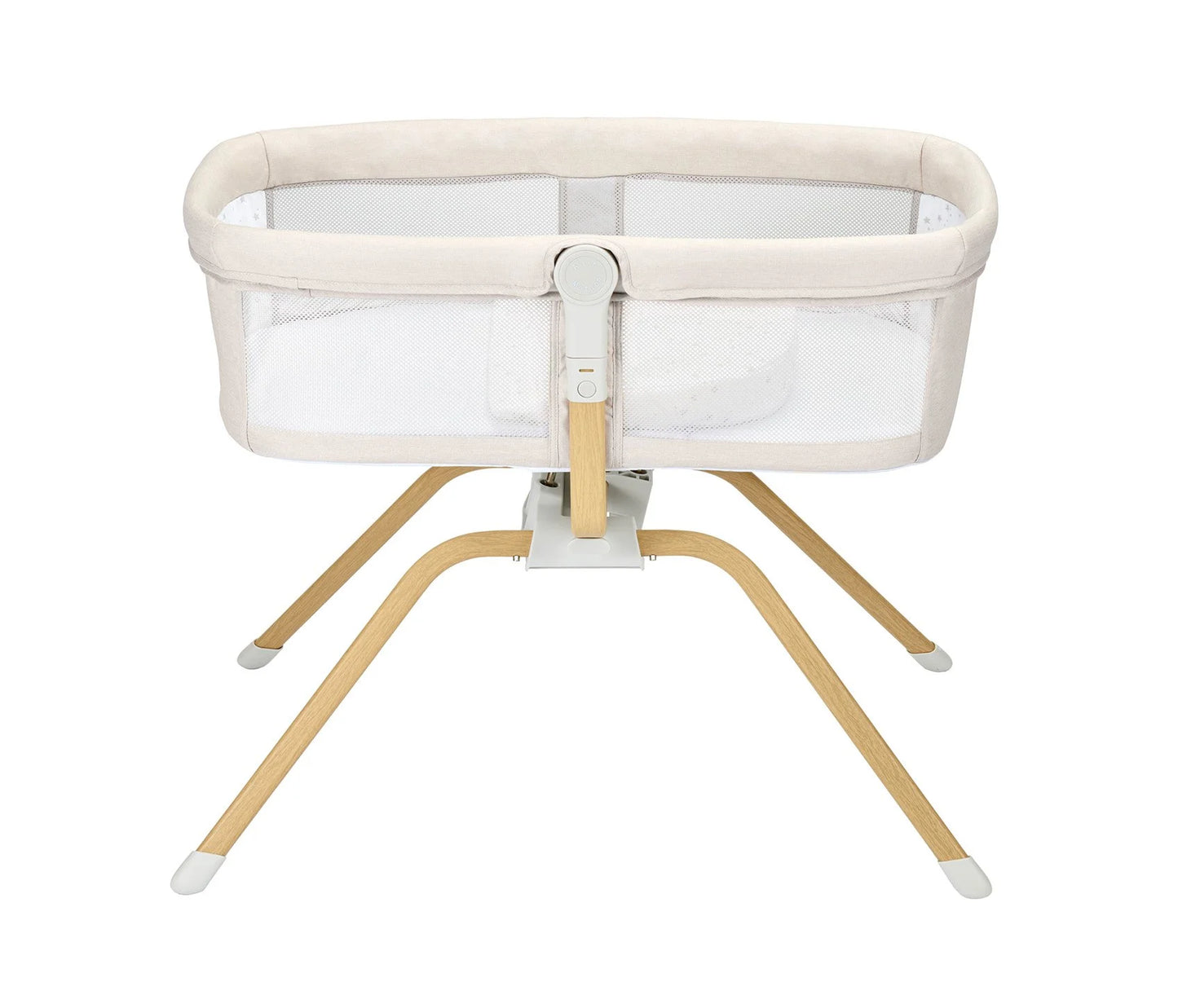 Baby crib with beige frame and white mesh on a white background