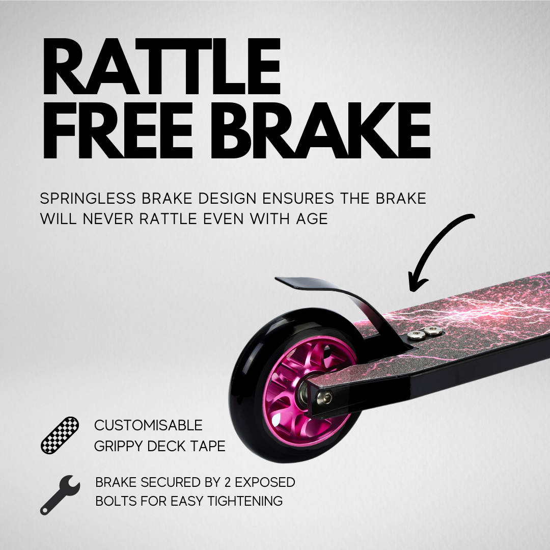 Scooter brake system with text highlighting features on a gray background