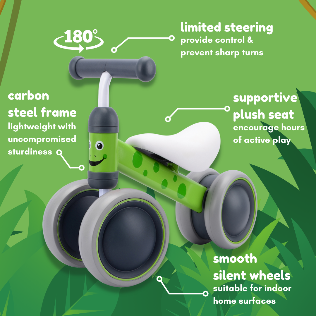 Green balance bike with features highlighted on a green background
