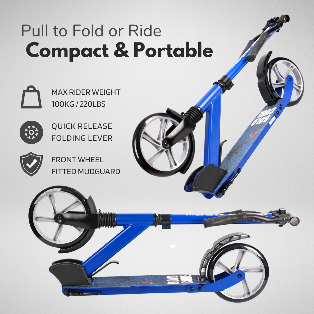 Blue scooter shown in folded and extended positions with features listed on a gray background