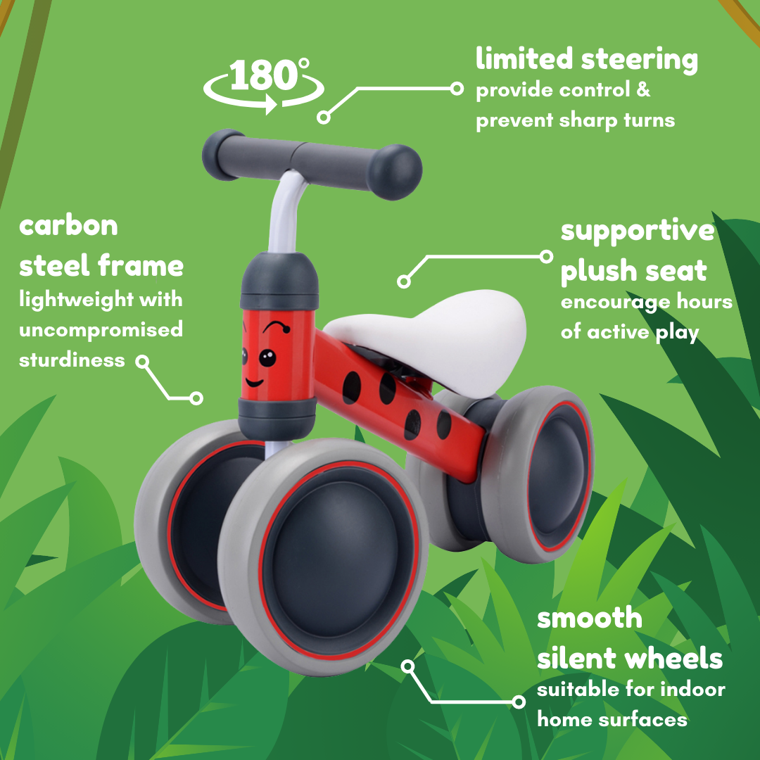 Children's balance bike with features highlighted on a green background