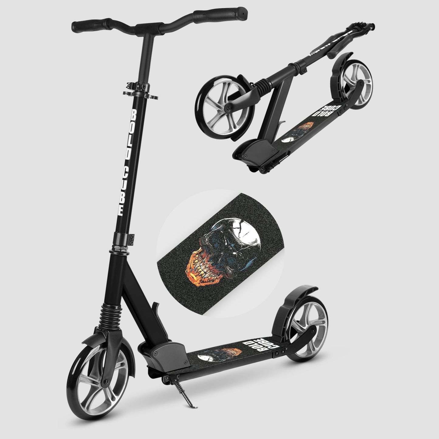 Black scooter with folded section and helmet on a light gray background