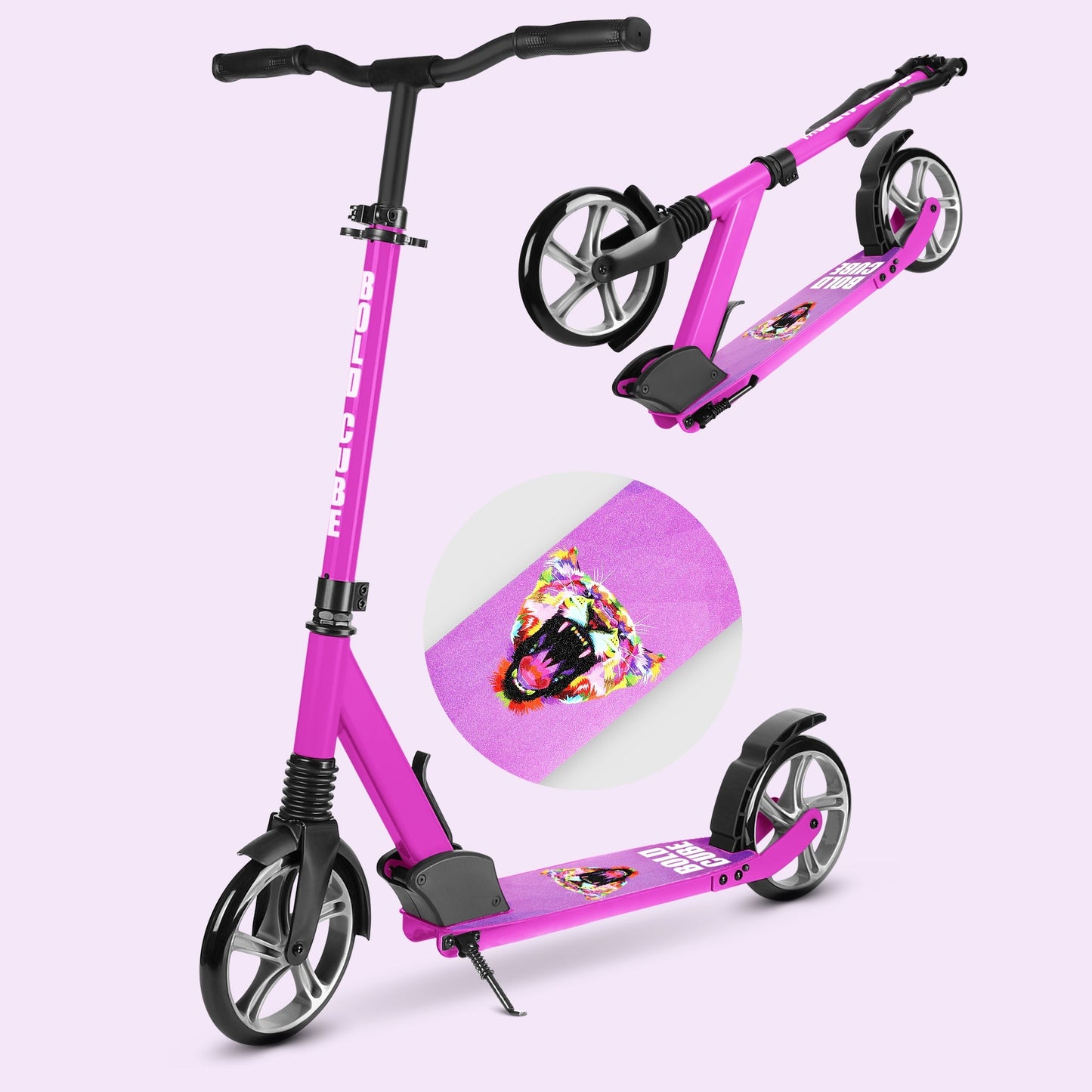 Pink scooter with a helmet on a light purple background
