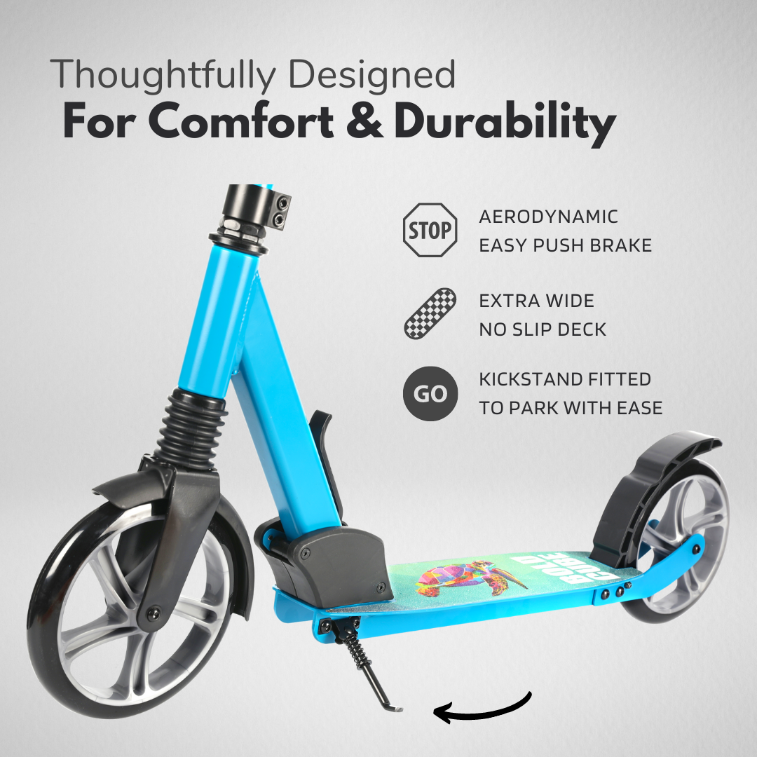 Blue scooter with features listed on a gray background