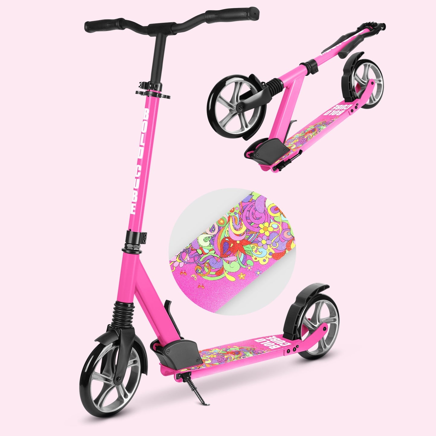 Pink scooter with colorful design on a light pink background