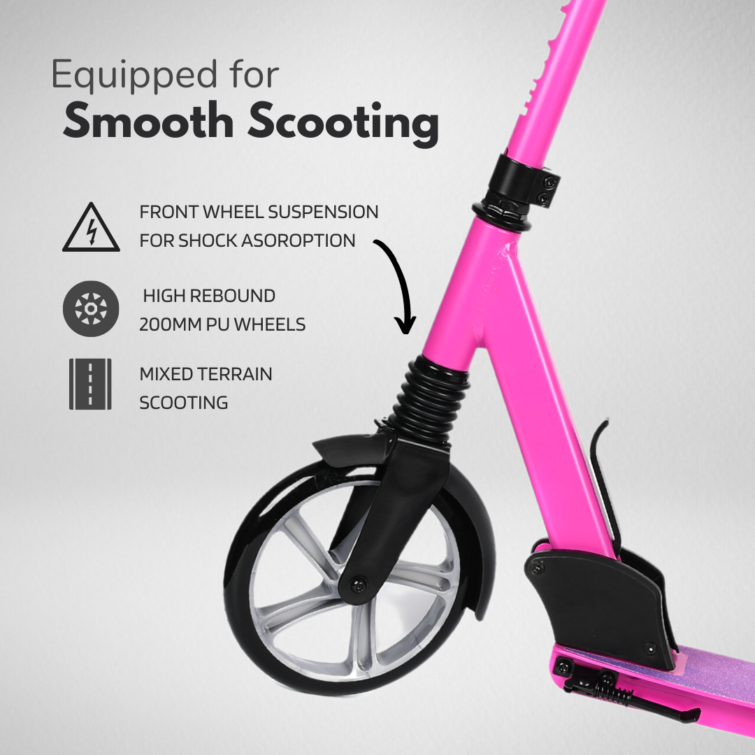Pink scooter with features highlighted on a gray background