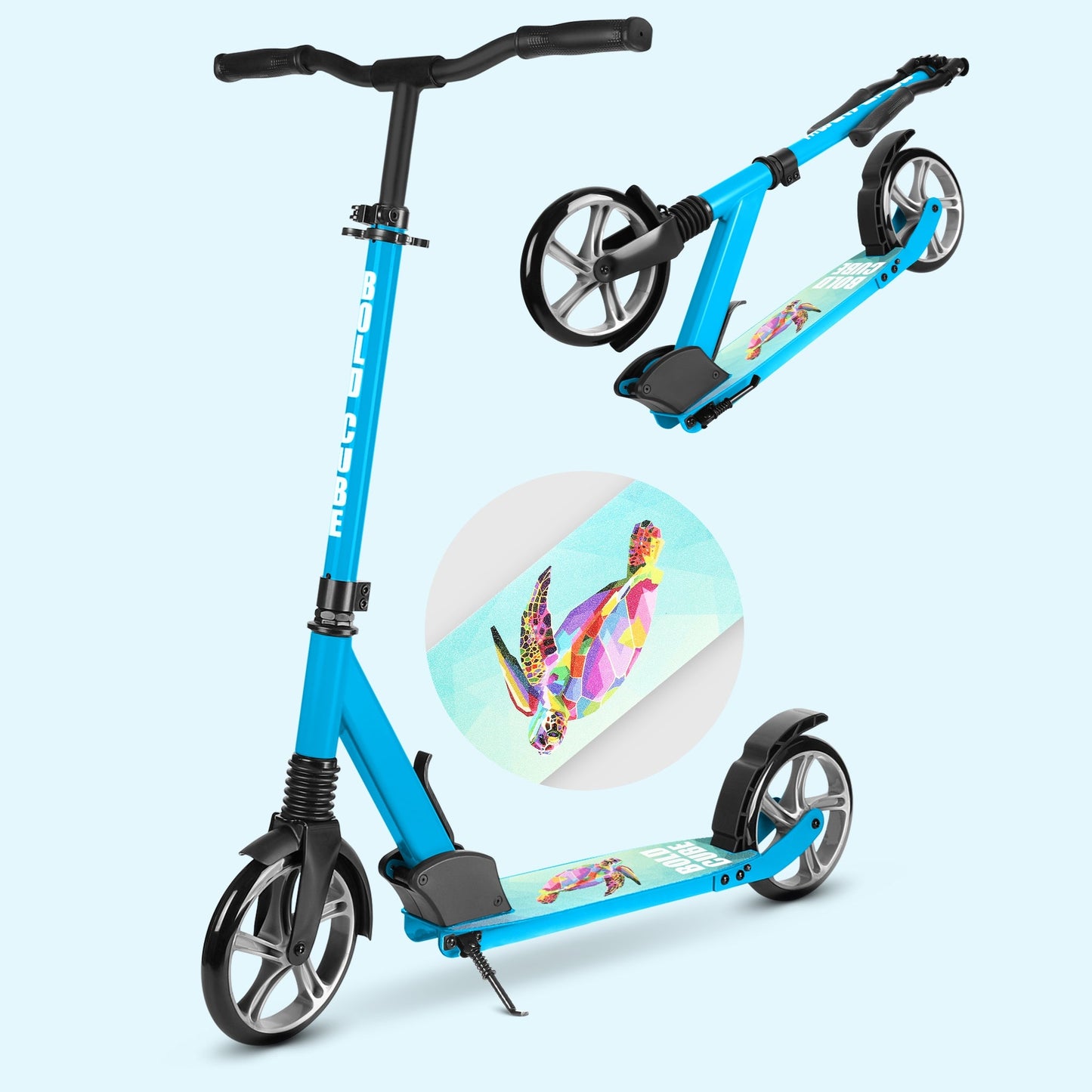 Blue scooter with a colorful wheel cover on a light blue background
