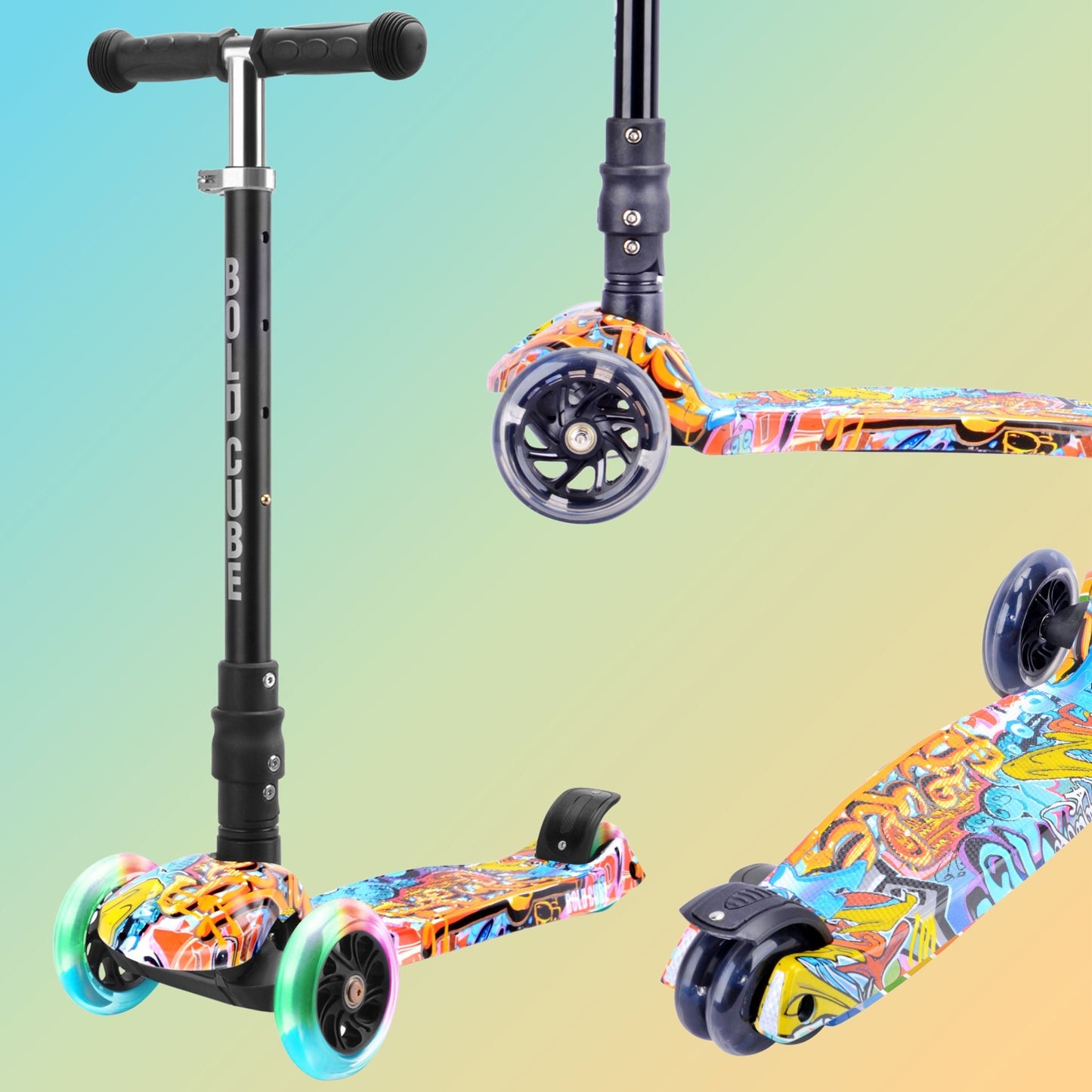 Colorful scooter with multicolored wheels on a gradient background