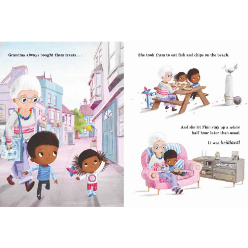Illustrated book pages showing children with their grandma in a neighborhood setting.