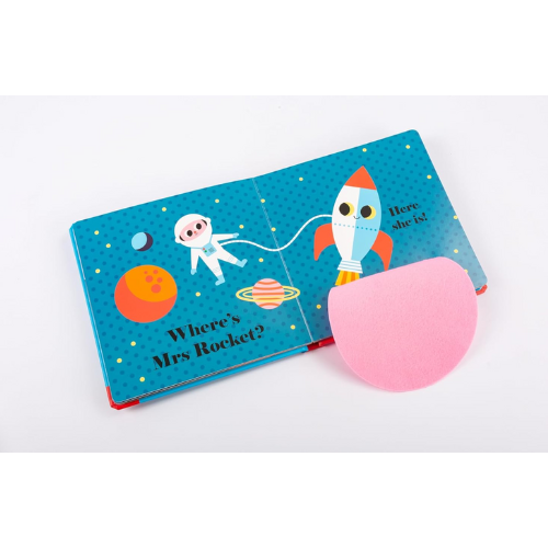 Children's book with space-themed illustrations and a pink felt flap on a white background