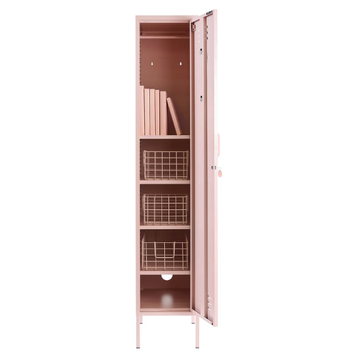 Pink storage cabinet with open doors on a white background