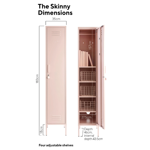 Dimensions of a pink locker with adjustable shelves on a white background