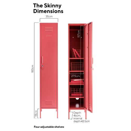 Red locker with dimensions labeled on a white background
