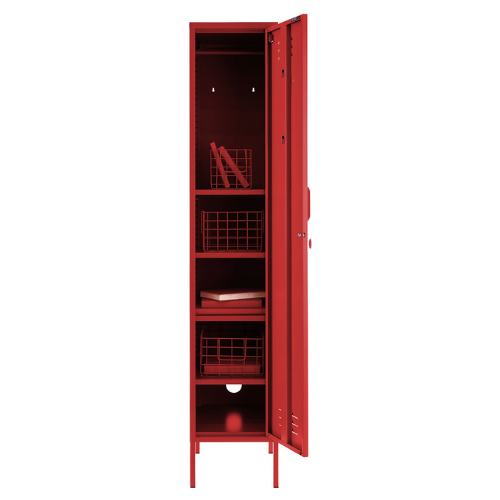Red locker with open door on a white background