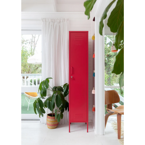 Red locker in a bright room with plants and furniture