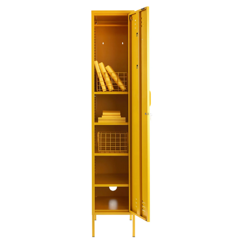 Yellow locker with open door on a white background