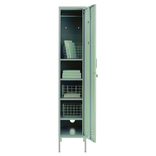 Metal locker with open door on a white background