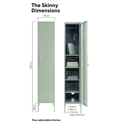 Dimensions of a green locker with adjustable shelves on a white background