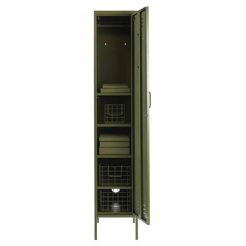 Green metal locker with open door on a white background
