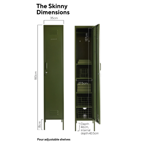 Green locker with dimensions labeled on a white background