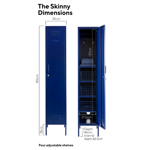 Blue locker with dimensions labeled on a white background
