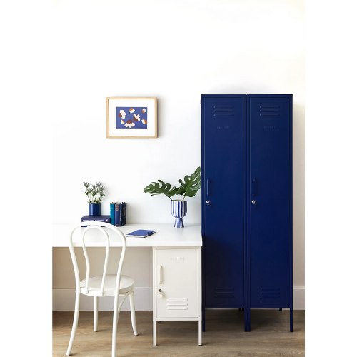 Blue locker next to a white desk with a chair, plants, and books on a light background