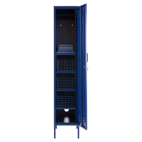 Blue locker with open door on a white background
