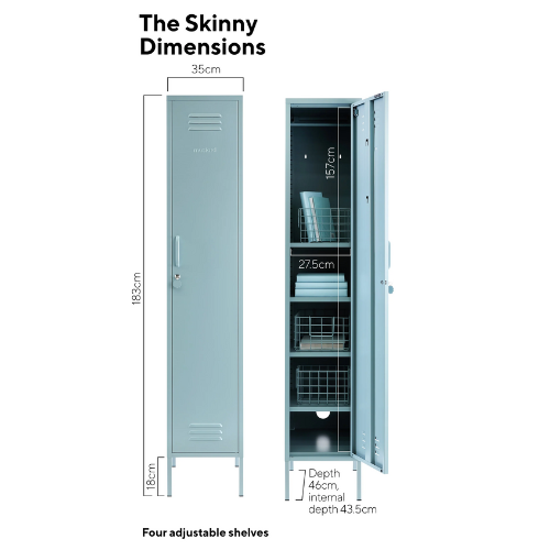 Metal locker with dimensions labeled on a white background