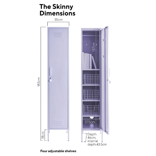 Dimensions of a locker with four adjustable shelves on a white background