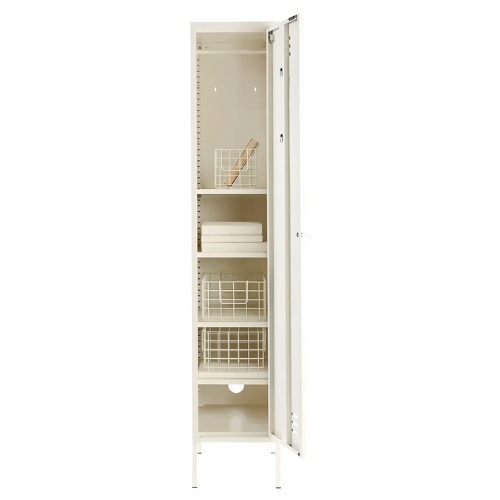 Beige storage cabinet with open door on a white background