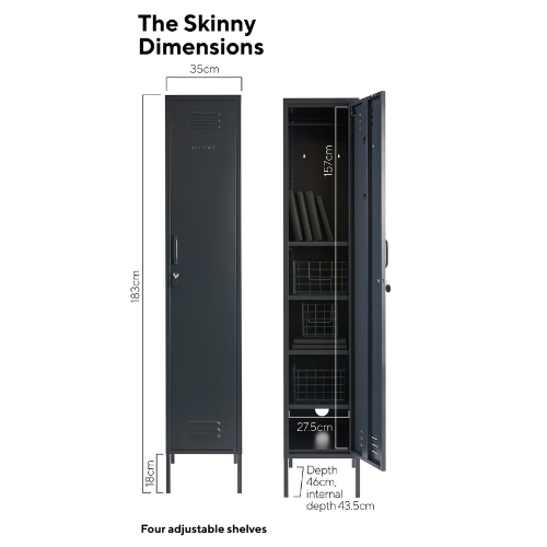 Black locker with dimensions labeled on a white background