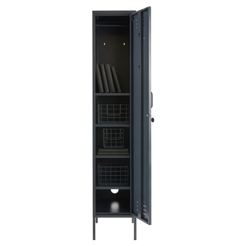 Black metal locker with open door on a white background