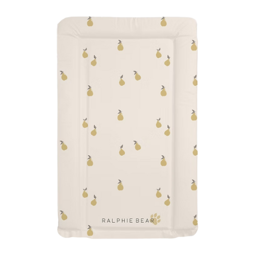 Baby changing mat with lemon pattern and 'Ralphie Bear' branding on a white background