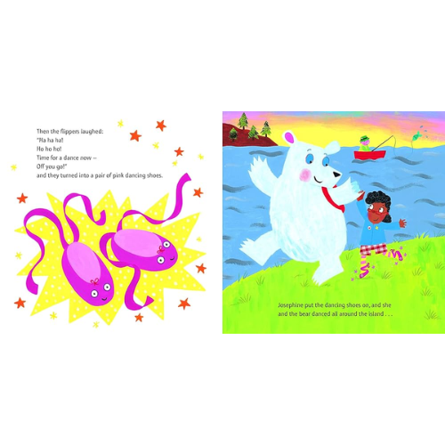 Illustrated book page with a bear and a child on an island, colorful text, and abstract shapes.