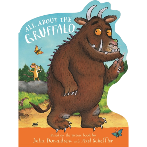 Book cover of 'All About the Gruffalo' with a large brown creature and a small mouse.