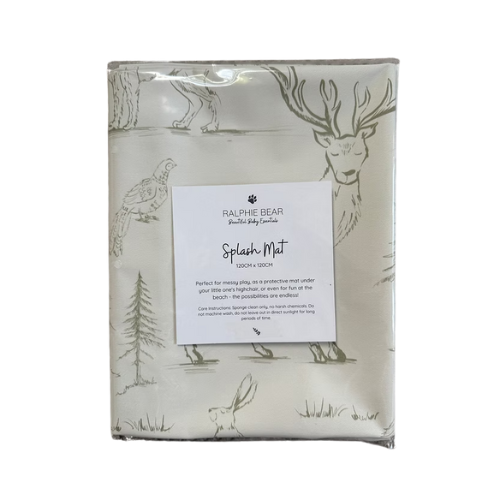 Packaged splash mat with deer and nature design on a white background