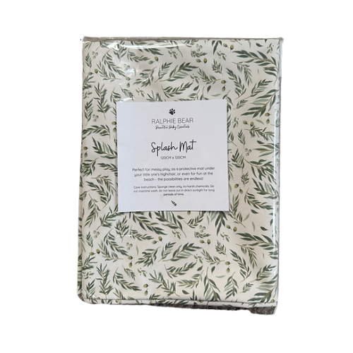 Ralphie Bear splash mat with leaf pattern and product label on a white background
