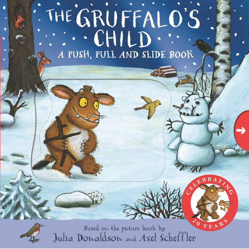 Cover of 'The Gruffalo's Child' push, pull, and slide book with winter scene and Gruffalo and snowman illustrations.