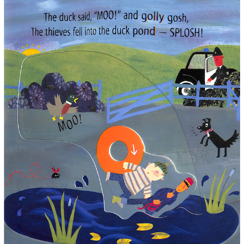 Illustrated scene with a duck, a pond, and a car with a person inside.
