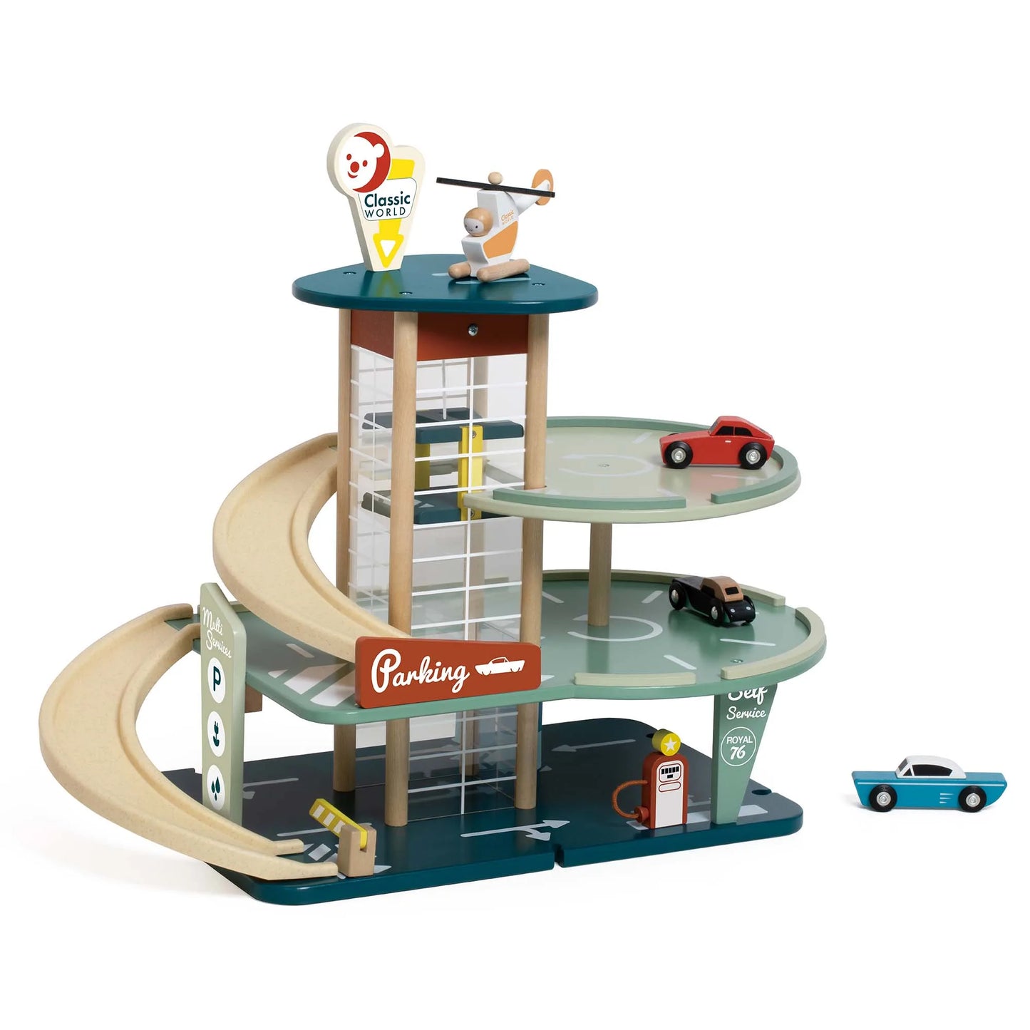 Toy parking garage set with cars on a white background