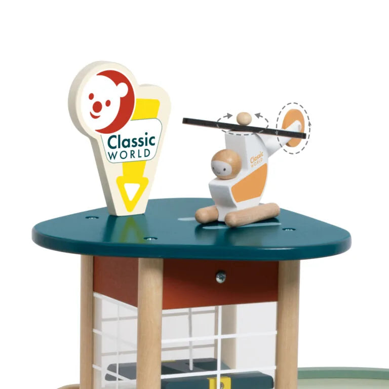 Toy helicopter on a blue platform with 'Classic World' branding on a white background