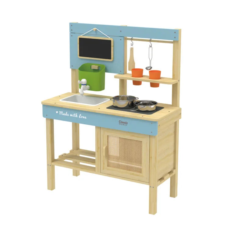 Children's wooden play kitchen with sink, stove, and chalkboard on a white background