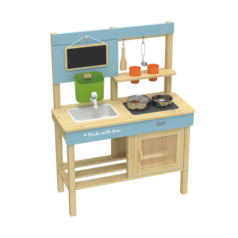 Wooden play kitchen set with blue top and sink, on a white background