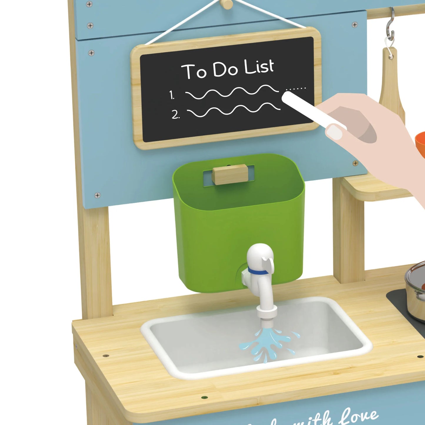 Children's play kitchen set with sink, chalkboard, and green trash can.
