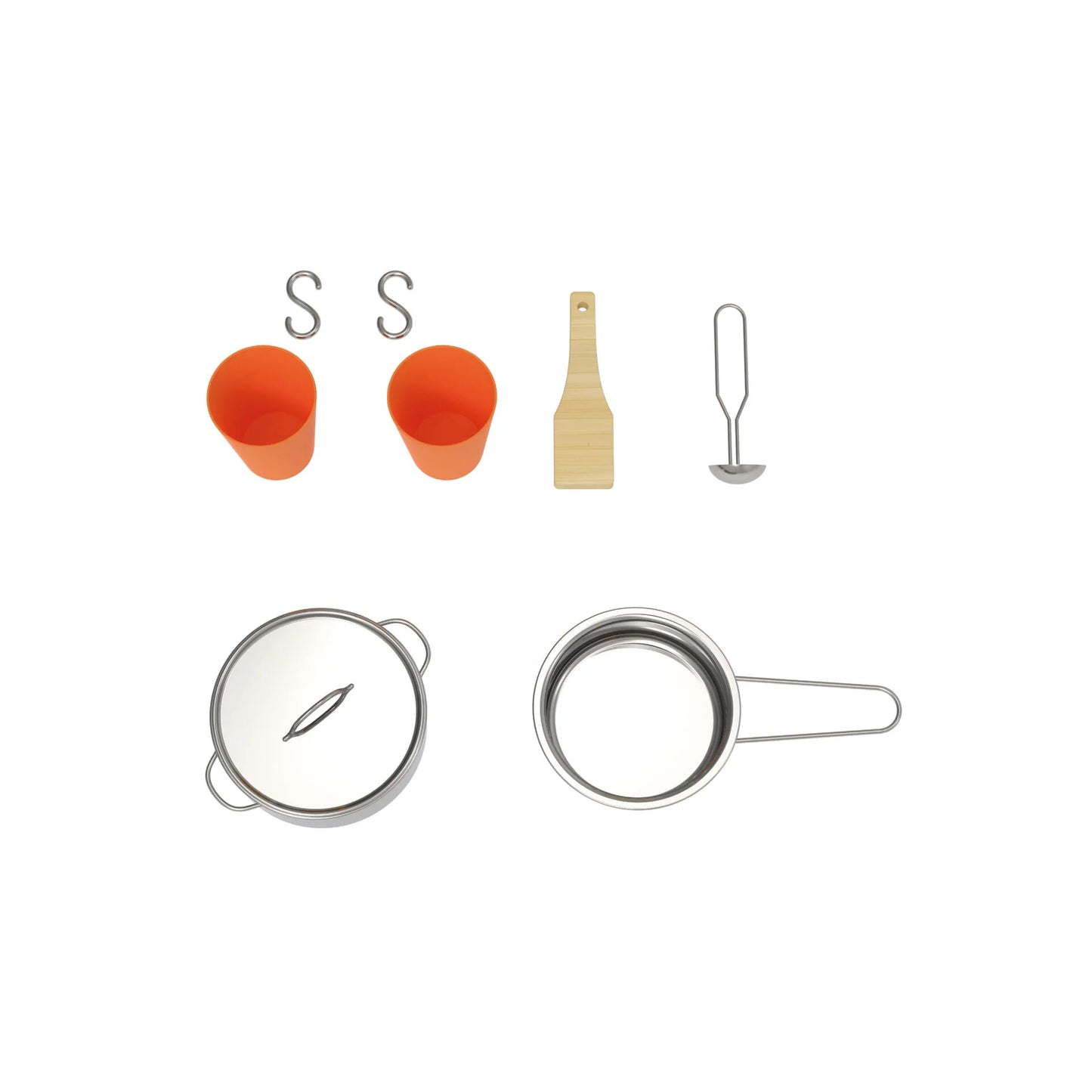 Set of kitchen utensils including measuring cups, a spatula, and a whisk on a white background