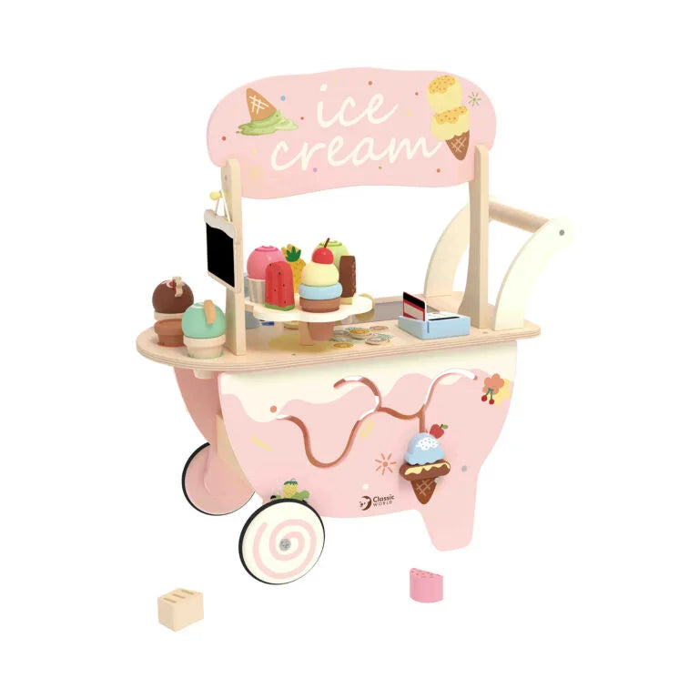 Toy ice cream cart with various toy ice cream cones and a pink roof on a white background