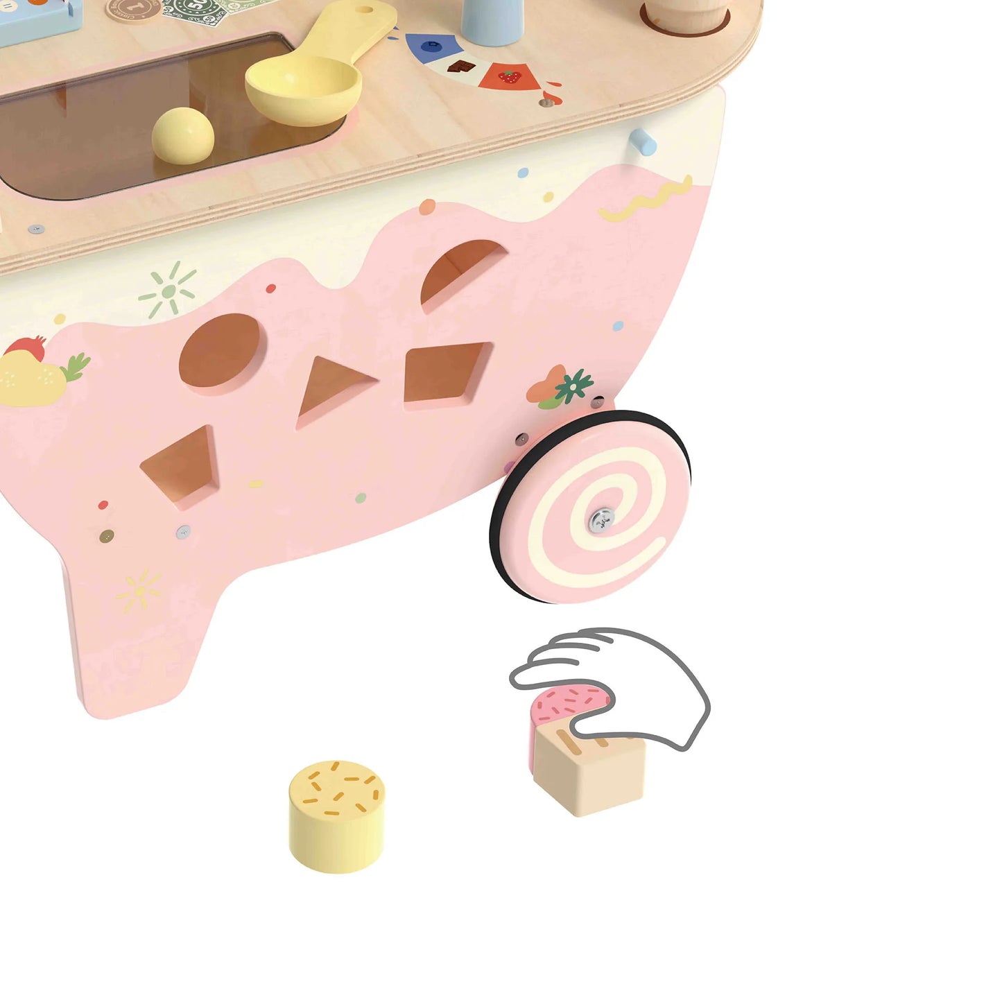 Pink toy cow with wheels and detachable wooden shapes on a white background