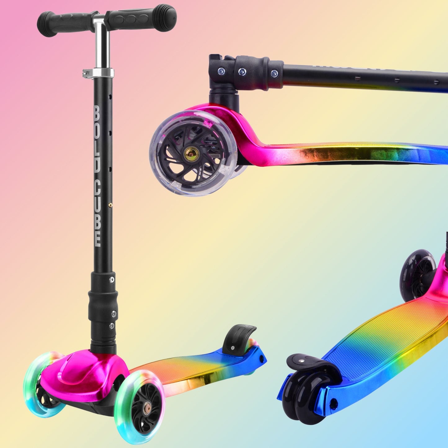 Colorful scooter with rainbow finish on a gradient background