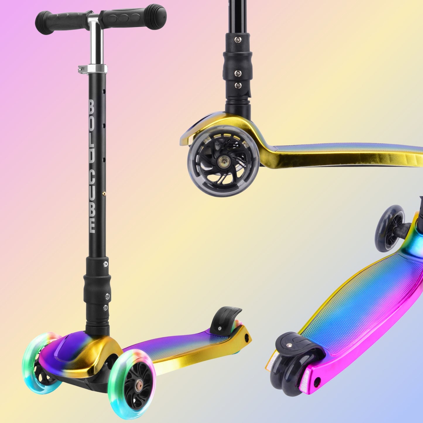 Three colorful scooters with gradient wheels on a gradient background
