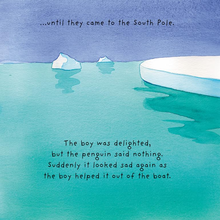 Illustration of a boy in a boat with a penguin near an ice floe, with text about reaching the South Pole.